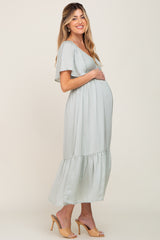 Mint Green Satin Smocked Maternity Midi Dress