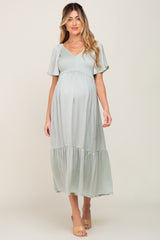 Mint Green Satin Smocked Maternity Midi Dress