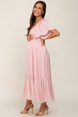 Light Pink Satin Smocked Maternity Midi Dress