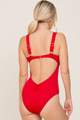 Red Smocked Back Cutout One Piece Swimsuit