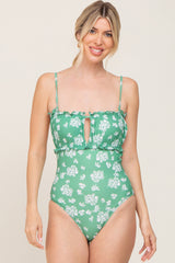 Green Floral Ruffle Trim One Piece Maternity Swimsuit