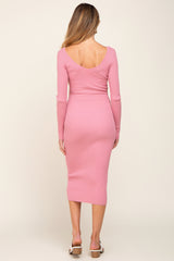 Pink Knit Ribbed Maternity Midi Dress