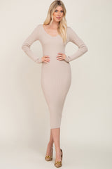 Beige Knit Ribbed Maternity Midi Dress