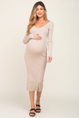 Beige Knit Ribbed Maternity Midi Dress
