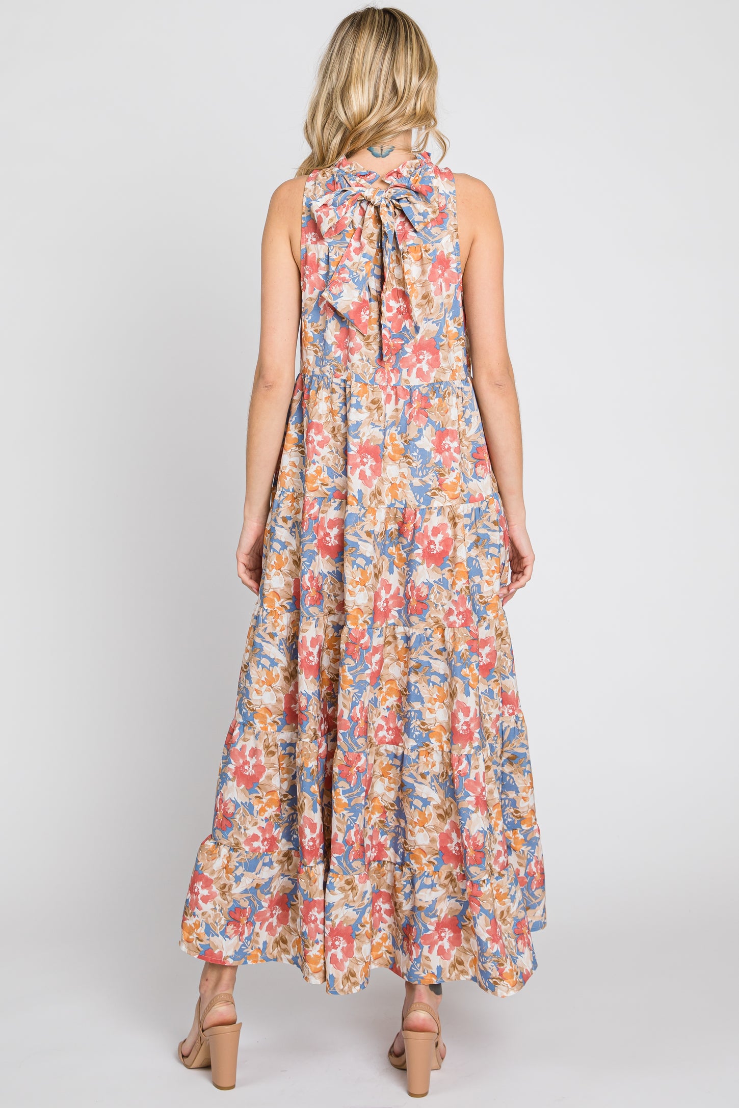 Blue Floral Ruffle Mock Neck Tiered Maxi Dress