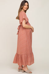 Rust Leaf Smocked Flounce Sleeve Maternity Maxi Dress