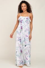 White Floral Sleeveless Ruffle Maternity Maxi Dress