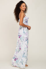 White Floral Sleeveless Ruffle Maxi Dress