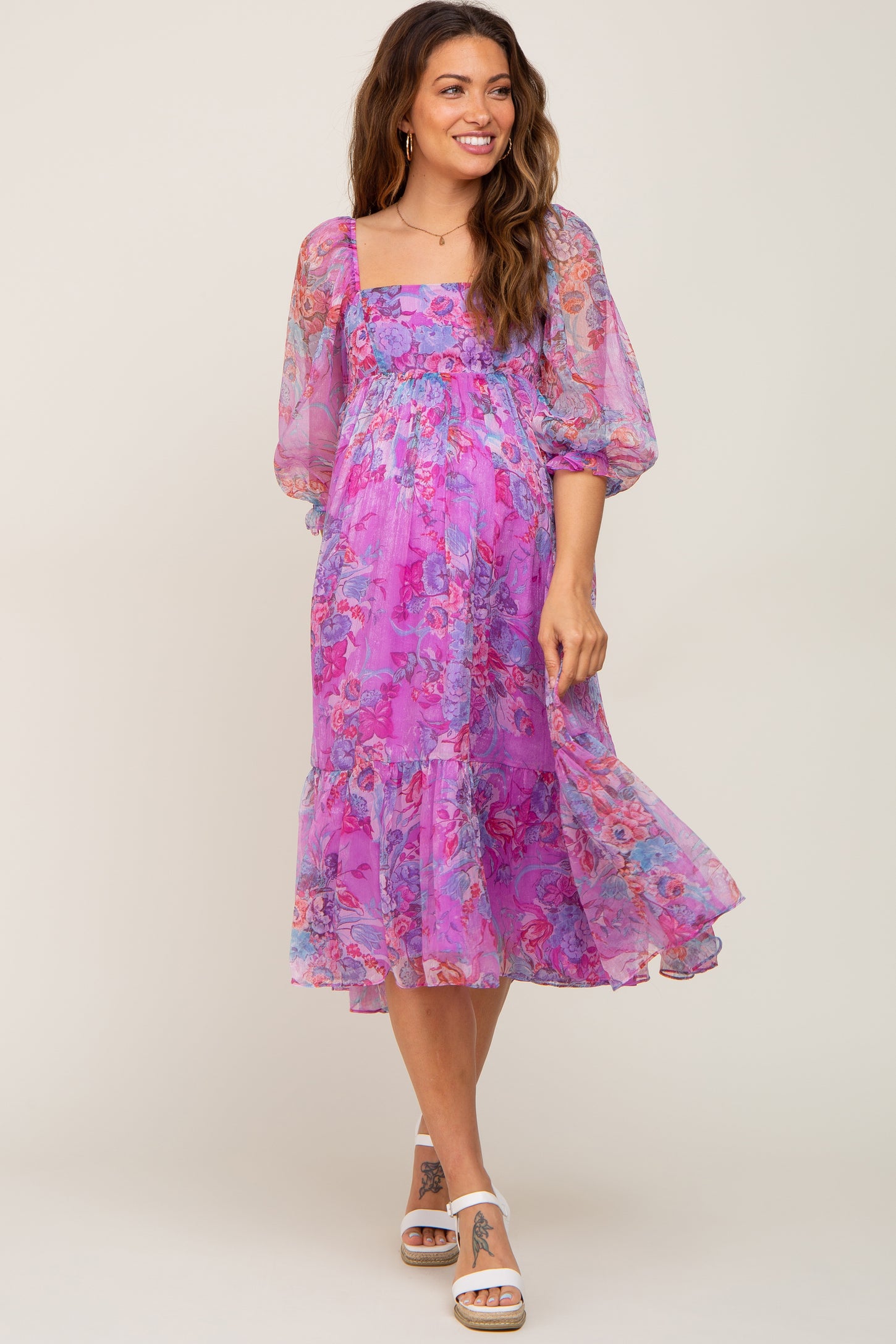 Pink Floral Shimmer Chiffon Maternity Midi Dress