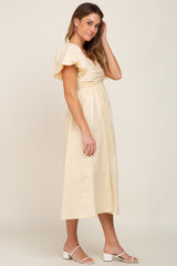 Yellow Sweetheart Neck Puff Sleeve Linen Midi Dress