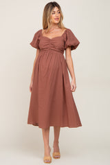 Mocha Sweetheart Neck Puff Sleeve Linen Maternity Midi Dress