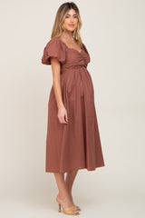 Mocha Sweetheart Neck Puff Sleeve Linen Maternity Midi Dress