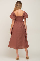 Mocha Sweetheart Neck Puff Sleeve Linen Maternity Midi Dress