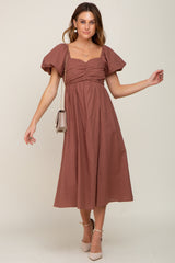 Mocha Sweetheart Neck Puff Sleeve Linen Maternity Midi Dress