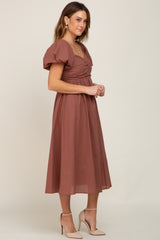 Mocha Sweetheart Neck Puff Sleeve Linen Midi Dress