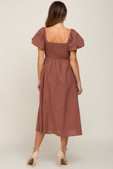 Mocha Sweetheart Neck Puff Sleeve Linen Midi Dress