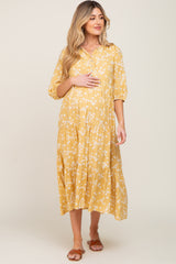 Yellow Floral Button Front Tiered Maternity Midi Dress