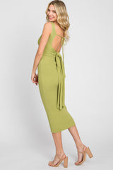 Green Rib Knit Cross Front Back Tie Midi Dress