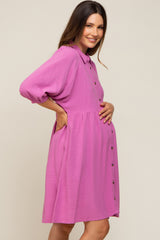 Pink Button Down Collared Maternity Dress