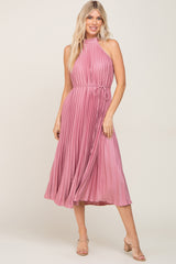 Pink Pleated Maternity Halter Dress