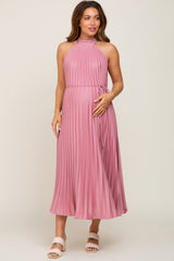 Pink Pleated Maternity Halter Dress