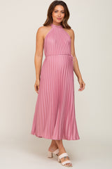 Pink Pleated Maternity Halter Dress