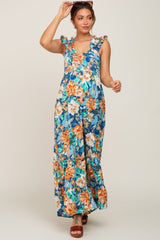 Navy Floral Smocked Ruffle Accent Maternity Jumpsuit