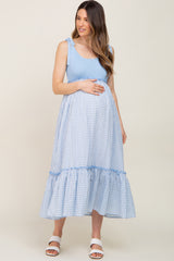 Light Blue Gingham Colorblock Maternity Dress