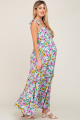 Light Blue Floral Ruffle Tier Maternity Maxi Dress