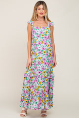 Light Blue Floral Ruffle Tier Maternity Maxi Dress