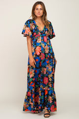 Black Floral Flounce Sleeve Maxi Dress