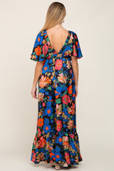 Black Floral Flounce Sleeve Maternity Maxi Dress