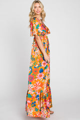 Orange Floral Flounce Sleeve Maxi Dress