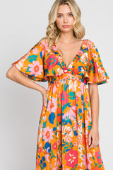 Orange Floral Flounce Sleeve Maxi Dress