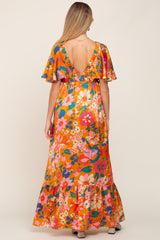 Orange Floral Flounce Sleeve Maternity Maxi Dress