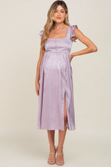 Lavender Satin Floral Square Neck Ruffle Strap Maternity Midi Dress