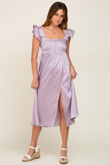 Lavender Satin Floral Square Neck Ruffle Strap Maternity Midi Dress