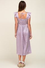 Lavender Satin Floral Square Neck Ruffle Strap Midi Dress