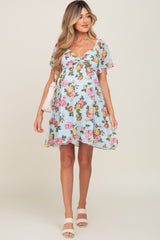 Light Blue Floral Chiffon Sweetheart Neck Maternity Dress