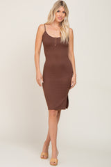 Brown Ribbed Button Midi Dress