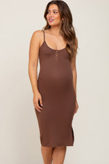 Brown Ribbed Button Maternity Midi Dress