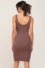 Brown Rib Knit Sleeveless Dress