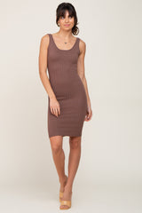 Brown Rib Knit Sleeveless Dress