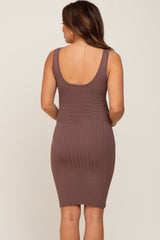 Brown Rib Knit Sleeveless Maternity Dress