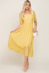 Yellow Striped Puff Sleeve Midi Dress