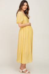 Yellow Striped Puff Sleeve Maternity Midi Dress