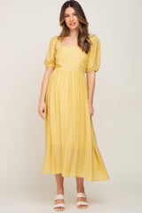 Yellow Striped Puff Sleeve Maternity Midi Dress