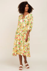 Yellow Floral 3/4 Sleeve Midi Dress