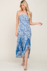 Blue Floral Asymmetrical Strapless Maxi Dress