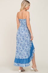 Blue Floral Asymmetrical Strapless Maxi Dress